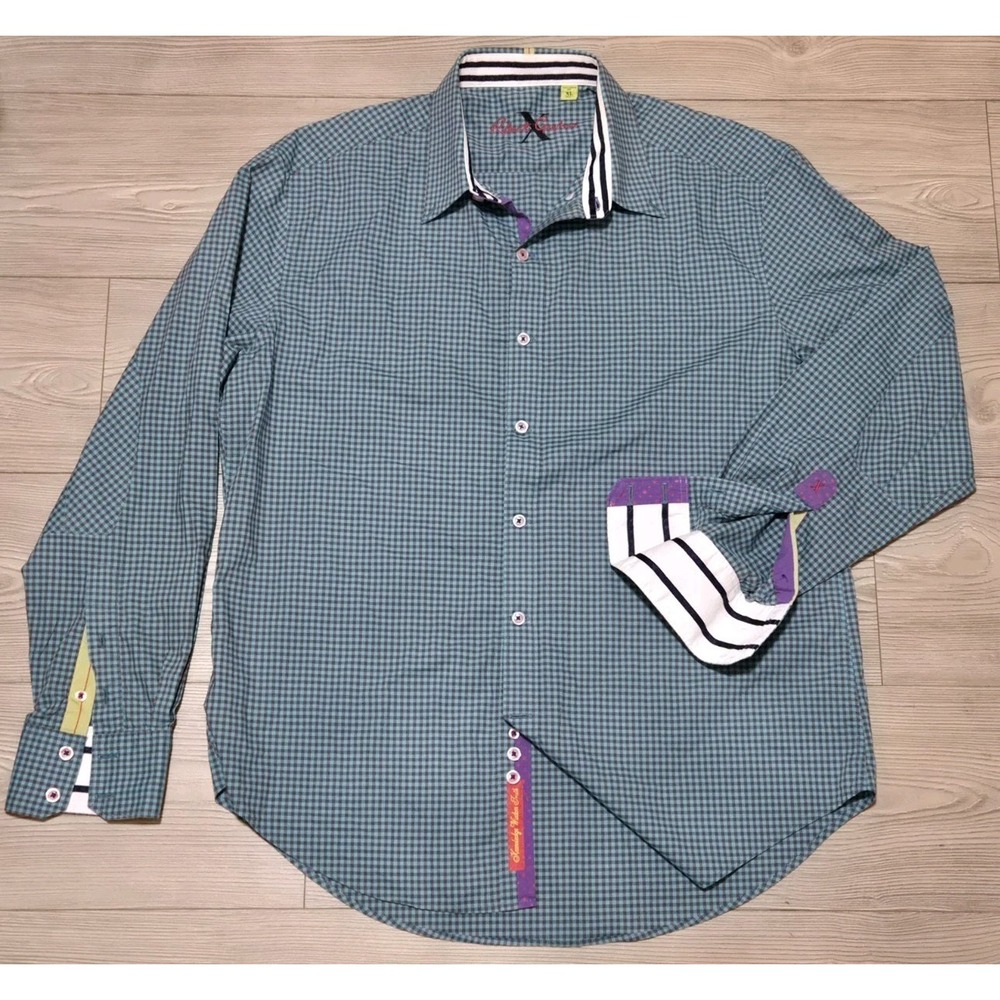 Robert Graham X Shirt Mens XL Blue Green Flip Cuff Button Up Checkered Dress